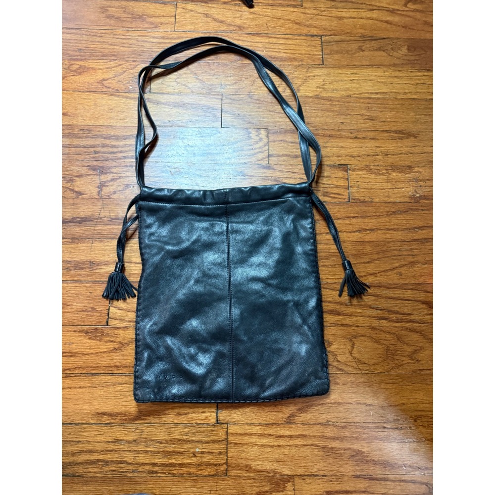 Hype Black Leather Crossbody Bag Flat Tassel Whipstitch Drawstring Boho Large